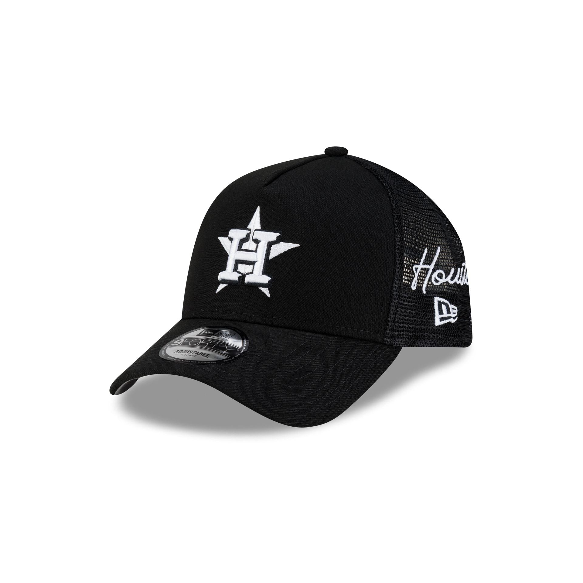Houston Astros Side Script Black 9FORTY A-Frame Trucker Hat